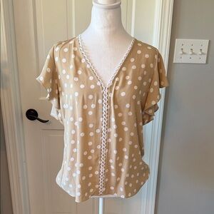 White House Black Market Tan and White Polka Dot Blouse